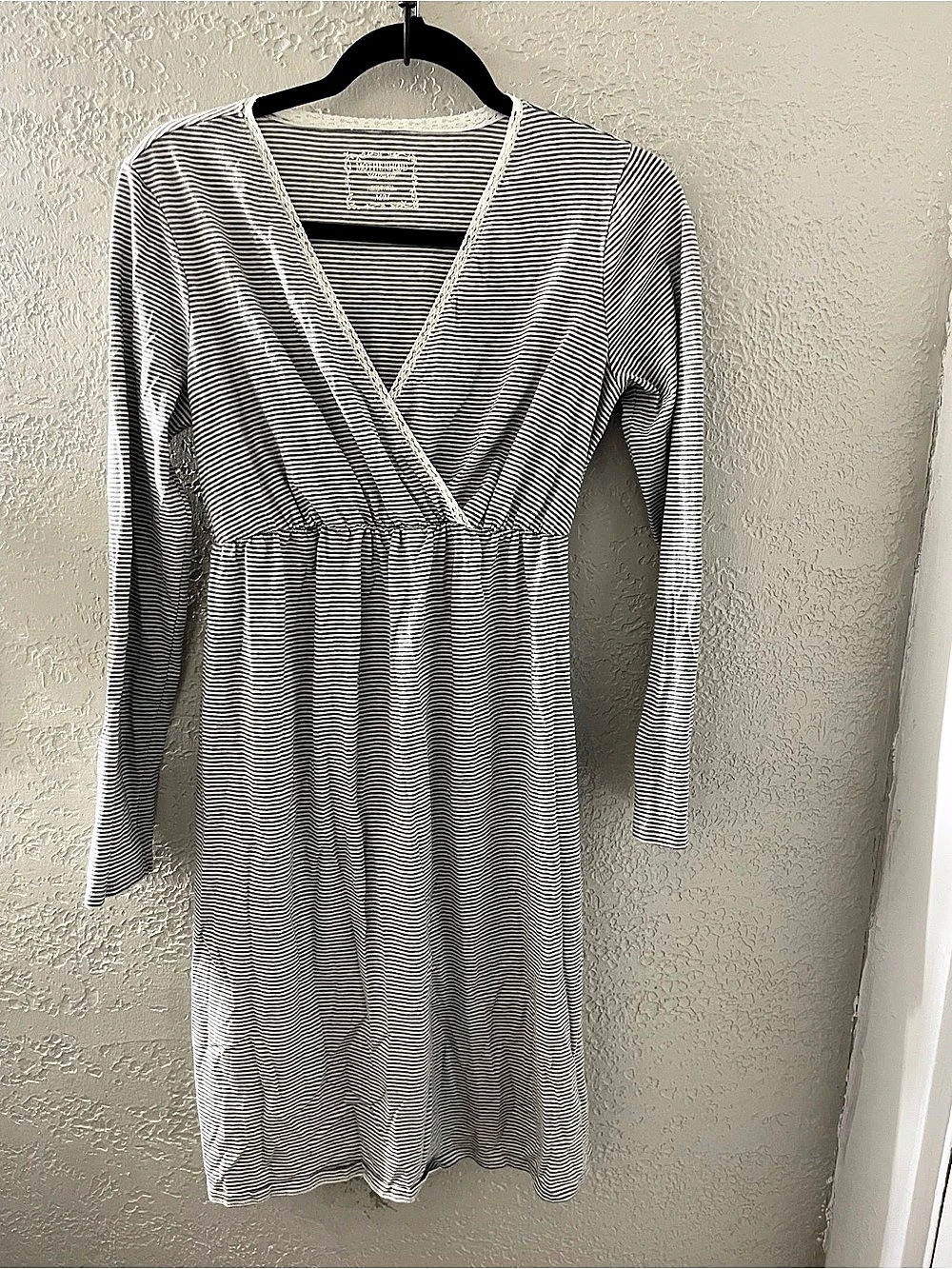 Motherhood Sleepwear Striped Wrap Mini Dress Gray & White Medium